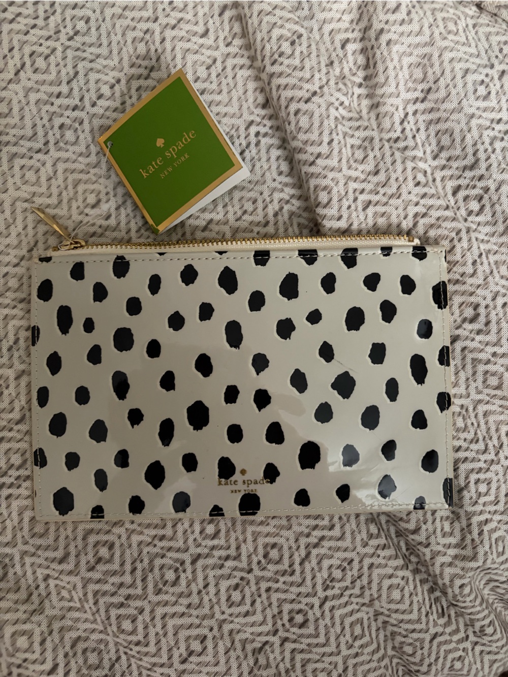 kate spade Black & White Polka Dot Patent Zip Clutch “pencil case”